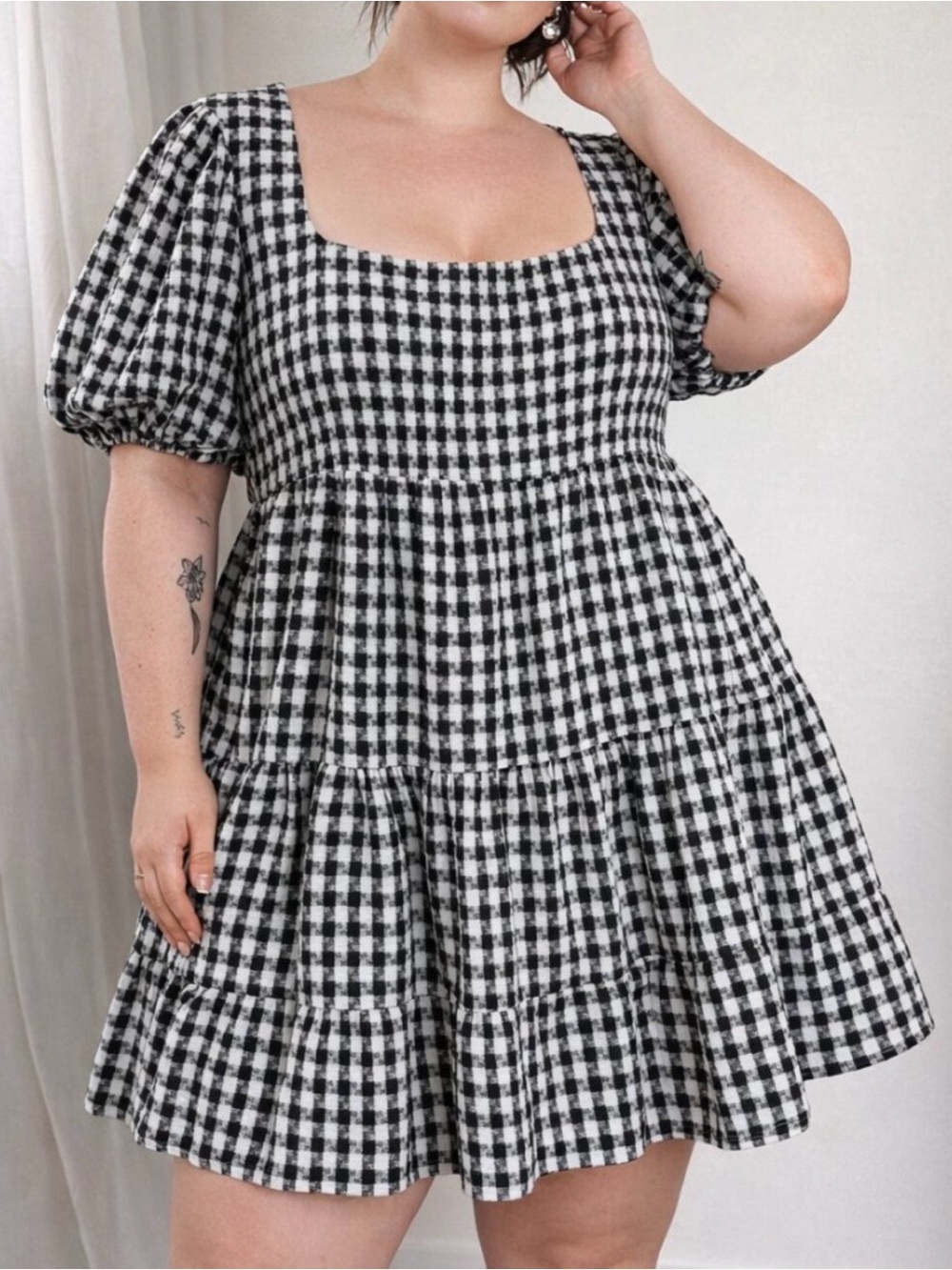 ARULA Black & White Gingham Square Neck Puff Sleeve Mini Dress